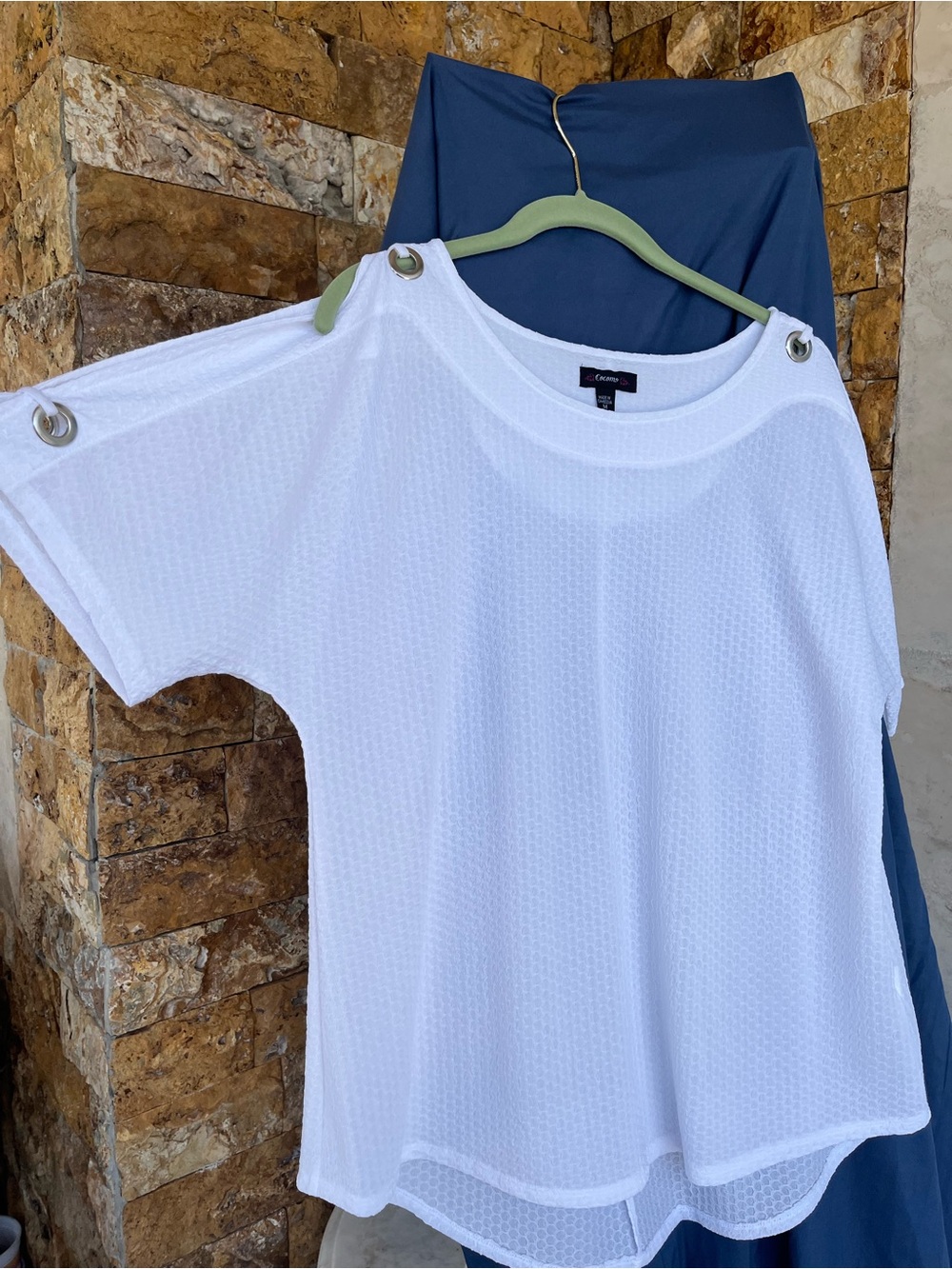 Cocomo White Textured Tee with Pink Script Logo
